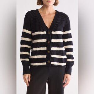 Caslon Cozy V Neck Cardigan Button Up Cotton Size XS White Black Stripes
